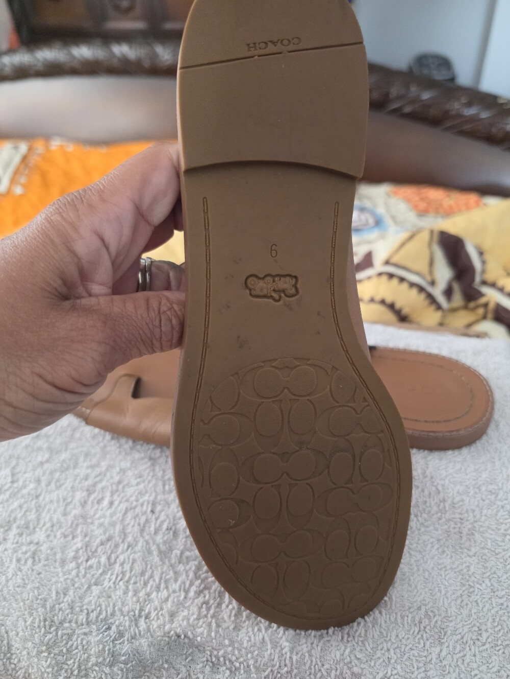 Coach Tan Leather Slide Sandals with Decorative Buckle - Picture 3 of 5